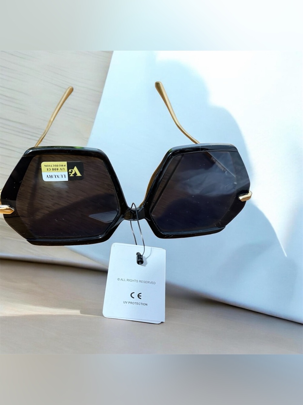 Designer Luxury Black Hexagon Sunglasses with Gold Temples Maximum UV Protection